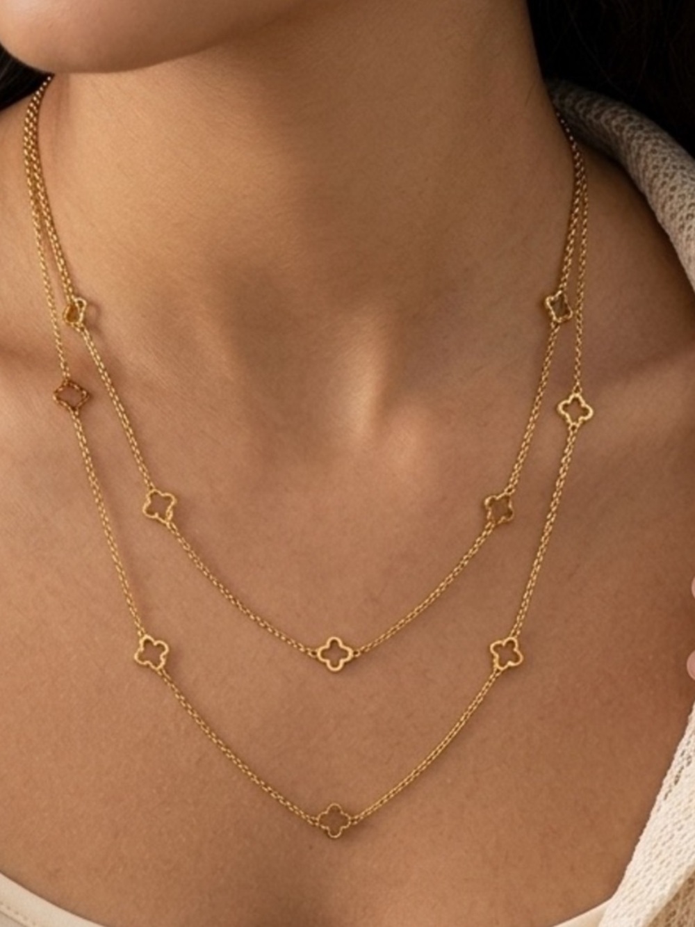 Gold Plated Floral clover necklace Stainless Steel women Jewelry 42”